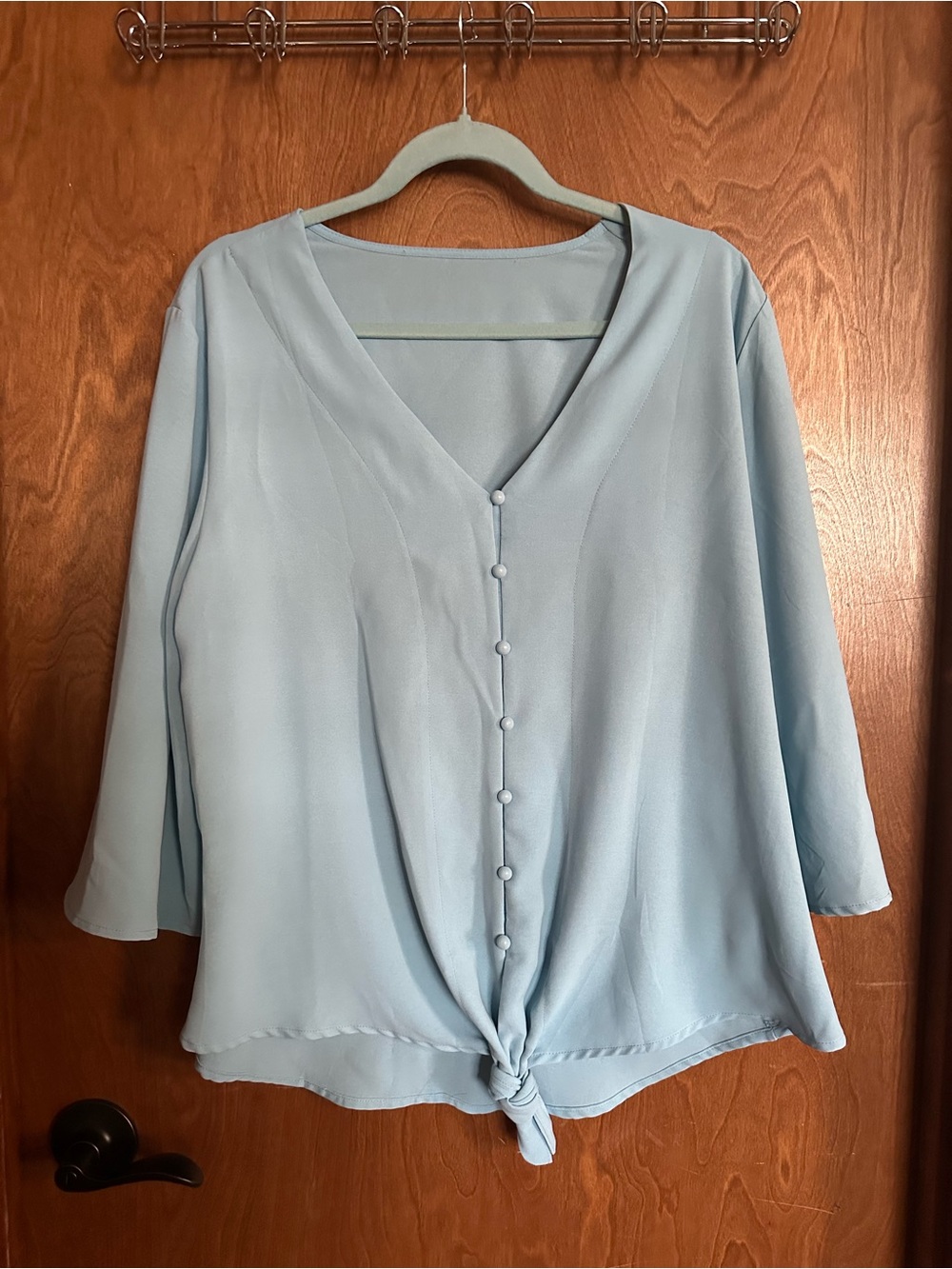 Light Blue Button-Front Tie Hem Women's Top